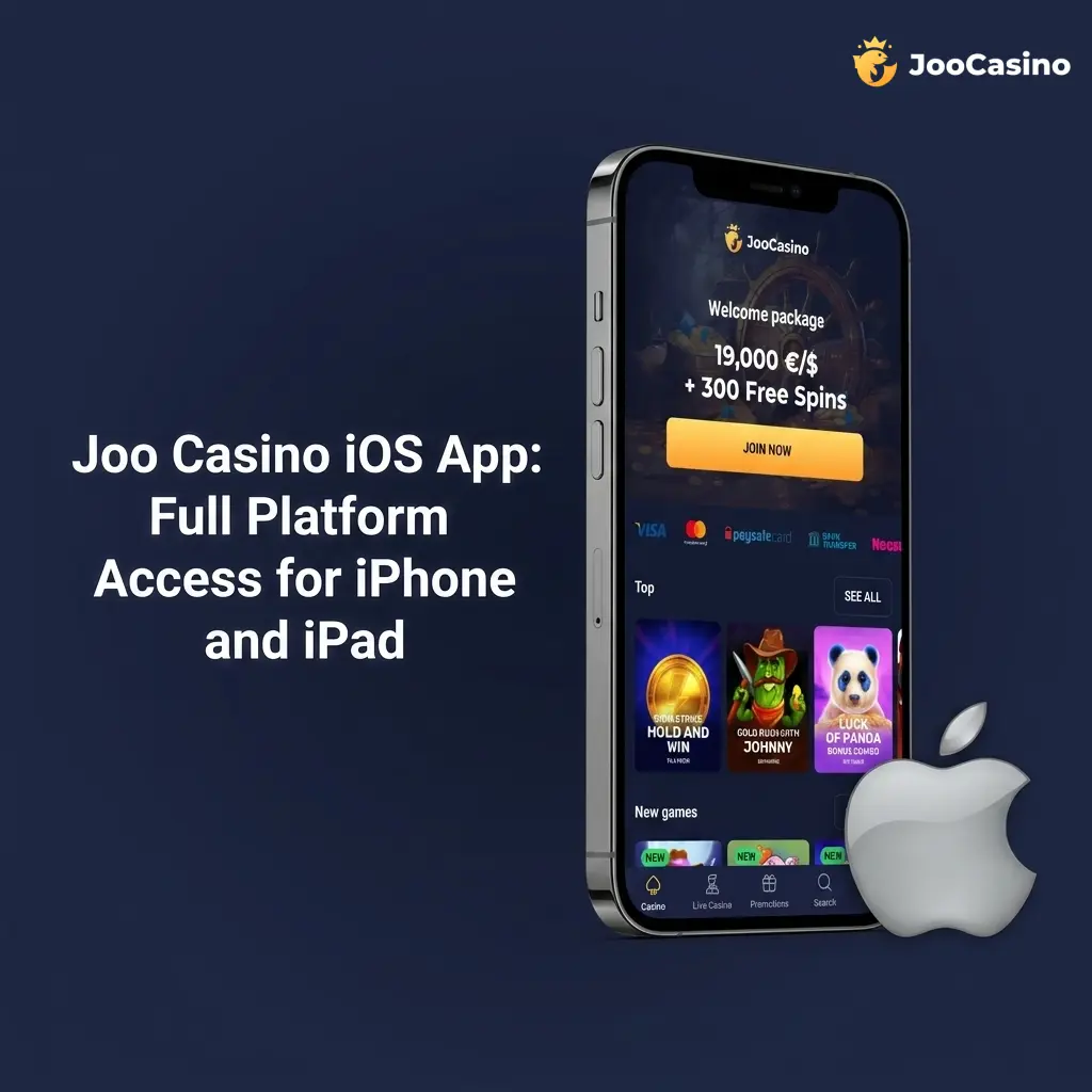 Joo Casino iOS app interface displayed on iPhone and iPad showing full platform access with games and bonuses