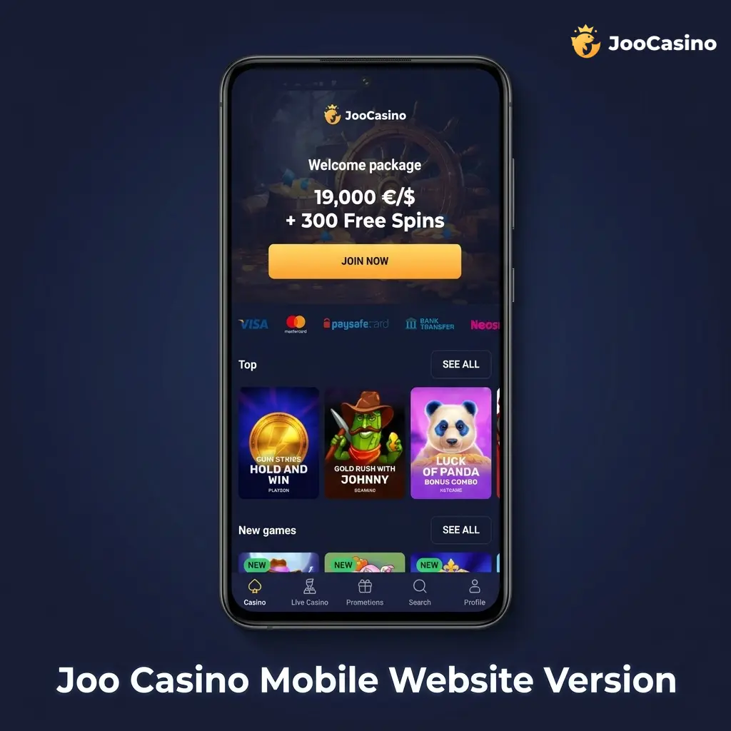 Joo Casino mobile website displayed on a smartphone browser, showing casino games and sports betting for Australian players