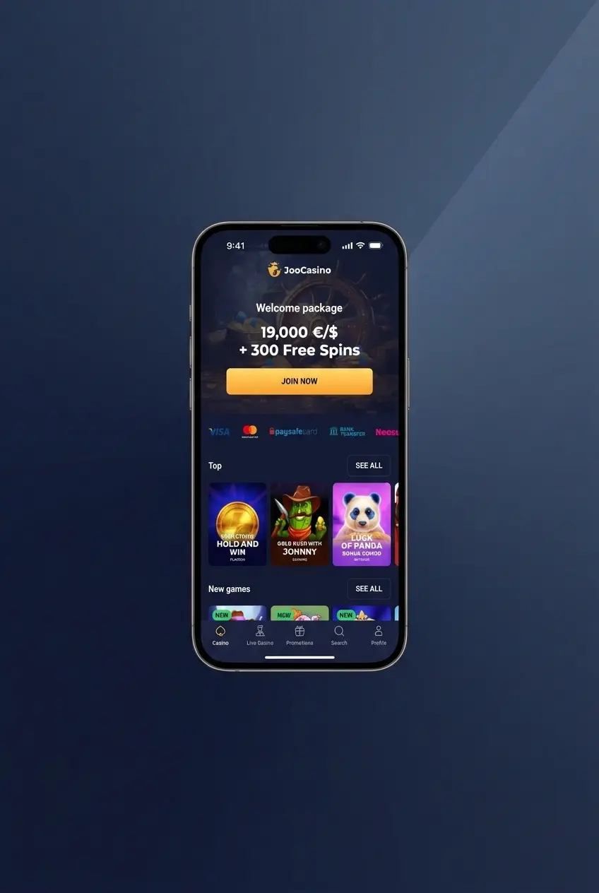 Joo Casino mobile app login screen showing biometric authentication and account access on iOS and Android devices