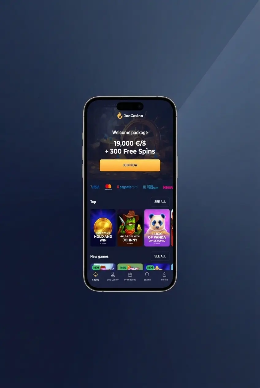 Joo Casino mobile app login screen showing email sign-in and biometric authentication options on iOS and Android devices